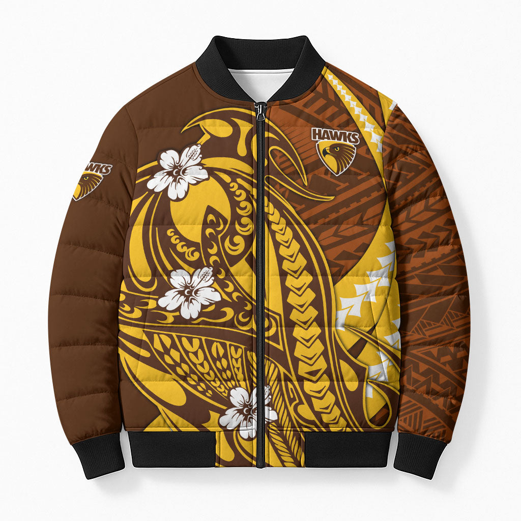 Personalized Hawthorn Hawks Bomber Puffer Jacket Polynesian Tribal Hawk Mascot With Hibiscus Flower Art