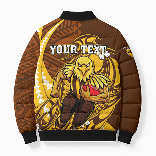 Personalized Hawthorn Hawks Bomber Puffer Jacket Polynesian Tribal Hawk Mascot With Hibiscus Flower Art