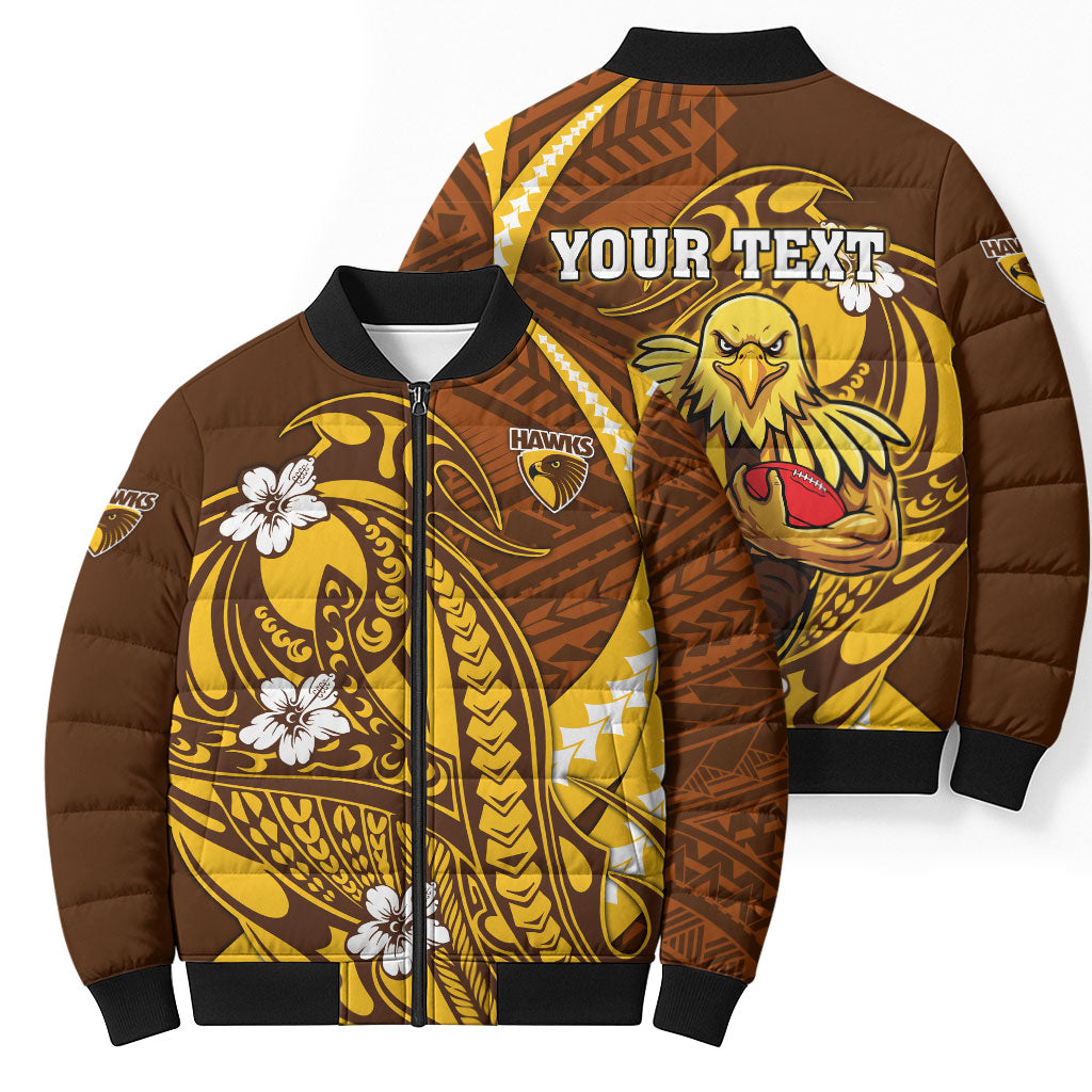 Personalized Hawthorn Hawks Bomber Puffer Jacket Polynesian Tribal Hawk Mascot With Hibiscus Flower Art