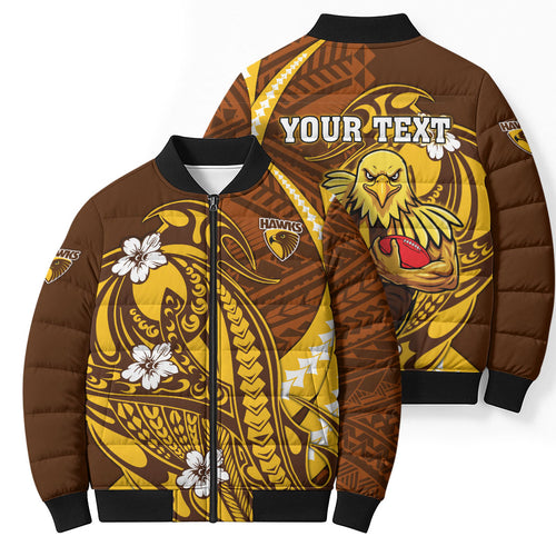 Personalized Hawthorn Hawks Bomber Puffer Jacket Polynesian Tribal Hawk Mascot With Hibiscus Flower Art