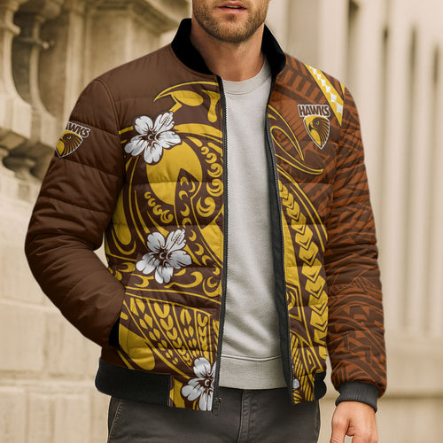 Personalized Hawthorn Hawks Bomber Puffer Jacket Polynesian Tribal Hawk Mascot With Hibiscus Flower Art