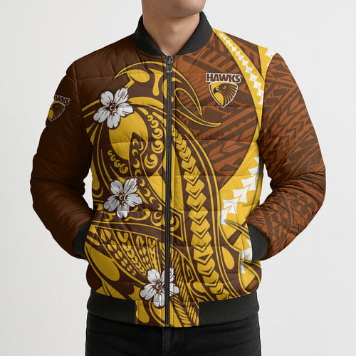 Personalized Hawthorn Hawks Bomber Puffer Jacket Polynesian Tribal Hawk Mascot With Hibiscus Flower Art
