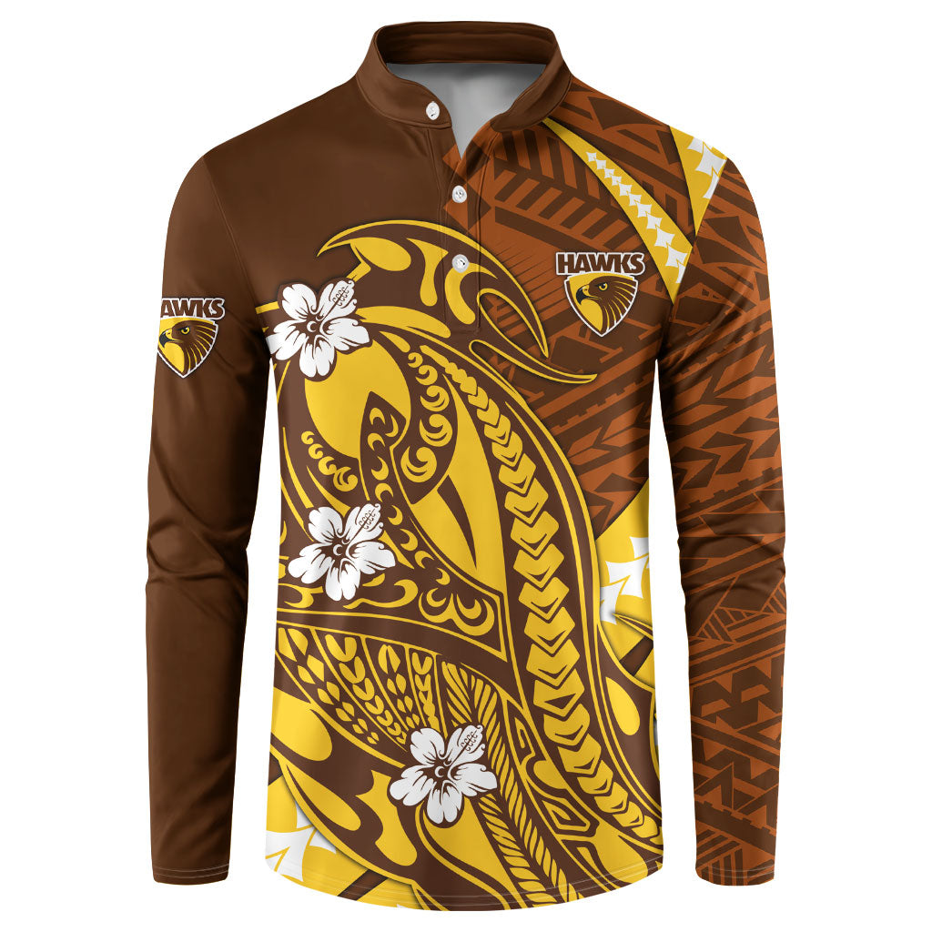 Personalized Hawthorn Hawks Button Sweatshirt Polynesian Tribal Hawk Mascot With Hibiscus Flower Art