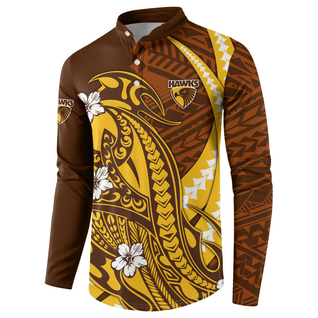 Personalized Hawthorn Hawks Button Sweatshirt Polynesian Tribal Hawk Mascot With Hibiscus Flower Art