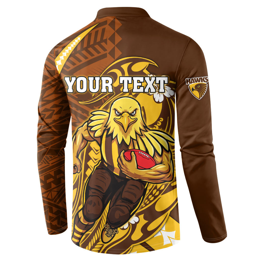 Personalized Hawthorn Hawks Button Sweatshirt Polynesian Tribal Hawk Mascot With Hibiscus Flower Art
