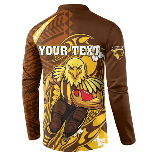 Personalized Hawthorn Hawks Button Sweatshirt Polynesian Tribal Hawk Mascot With Hibiscus Flower Art