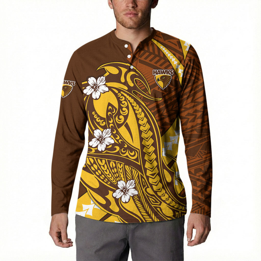 Personalized Hawthorn Hawks Button Sweatshirt Polynesian Tribal Hawk Mascot With Hibiscus Flower Art