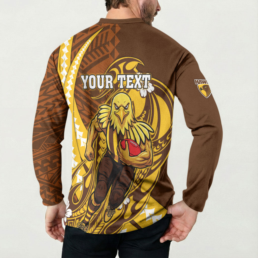 Personalized Hawthorn Hawks Button Sweatshirt Polynesian Tribal Hawk Mascot With Hibiscus Flower Art