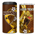 Personalized Hawthorn Hawks 4 in 1 Can Cooler Tumbler Polynesian Tribal Hawk Mascot With Hibiscus Flower Art