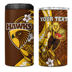 Personalized Hawthorn Hawks 4 in 1 Can Cooler Tumbler Polynesian Tribal Hawk Mascot With Hibiscus Flower Art