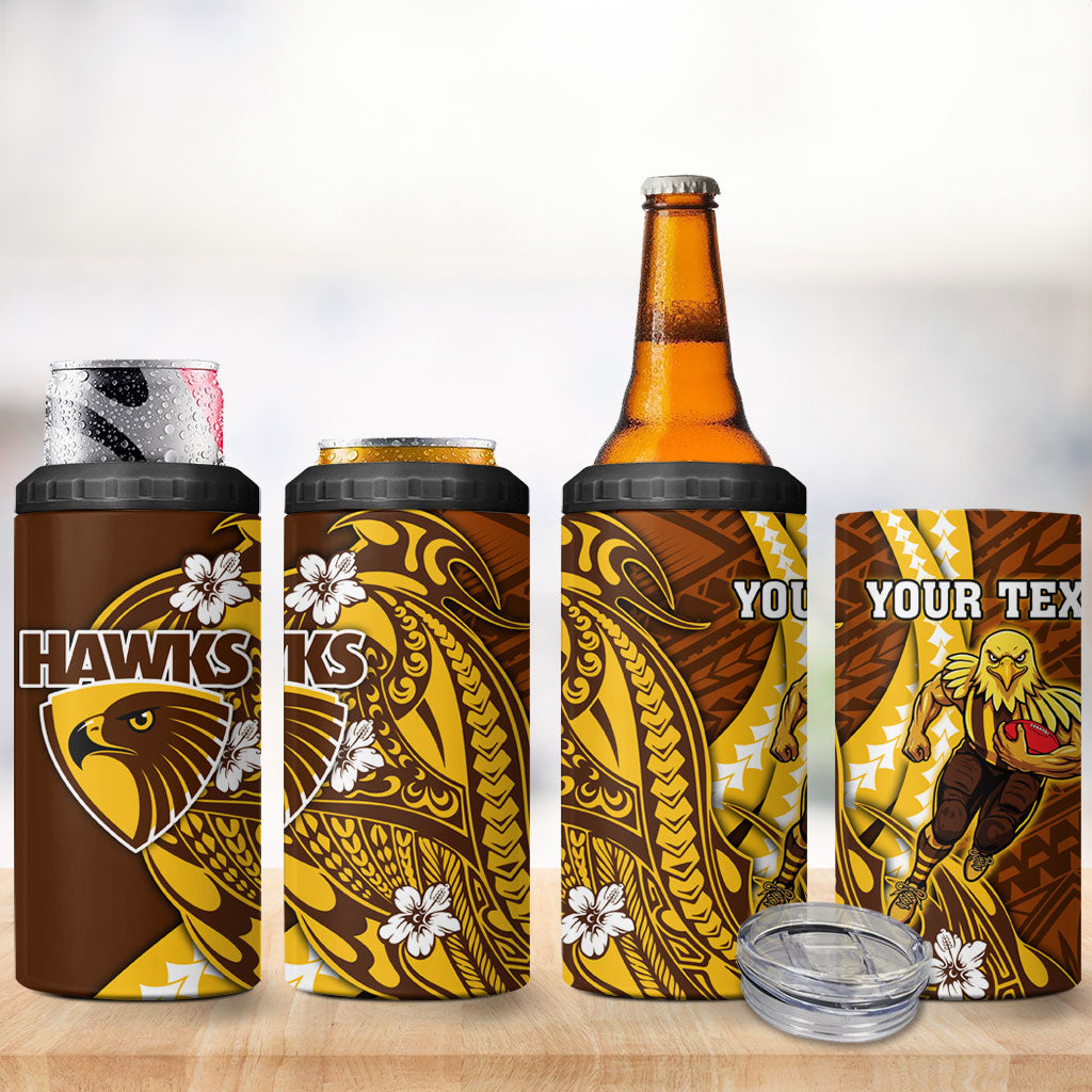 Personalized Hawthorn Hawks 4 in 1 Can Cooler Tumbler Polynesian Tribal Hawk Mascot With Hibiscus Flower Art