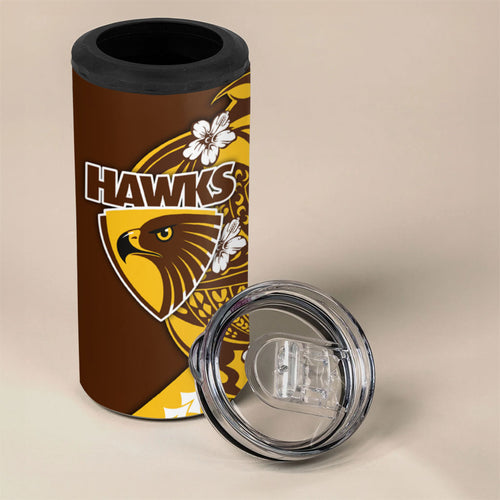 Personalized Hawthorn Hawks 4 in 1 Can Cooler Tumbler Polynesian Tribal Hawk Mascot With Hibiscus Flower Art