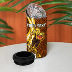 Personalized Hawthorn Hawks 4 in 1 Can Cooler Tumbler Polynesian Tribal Hawk Mascot With Hibiscus Flower Art
