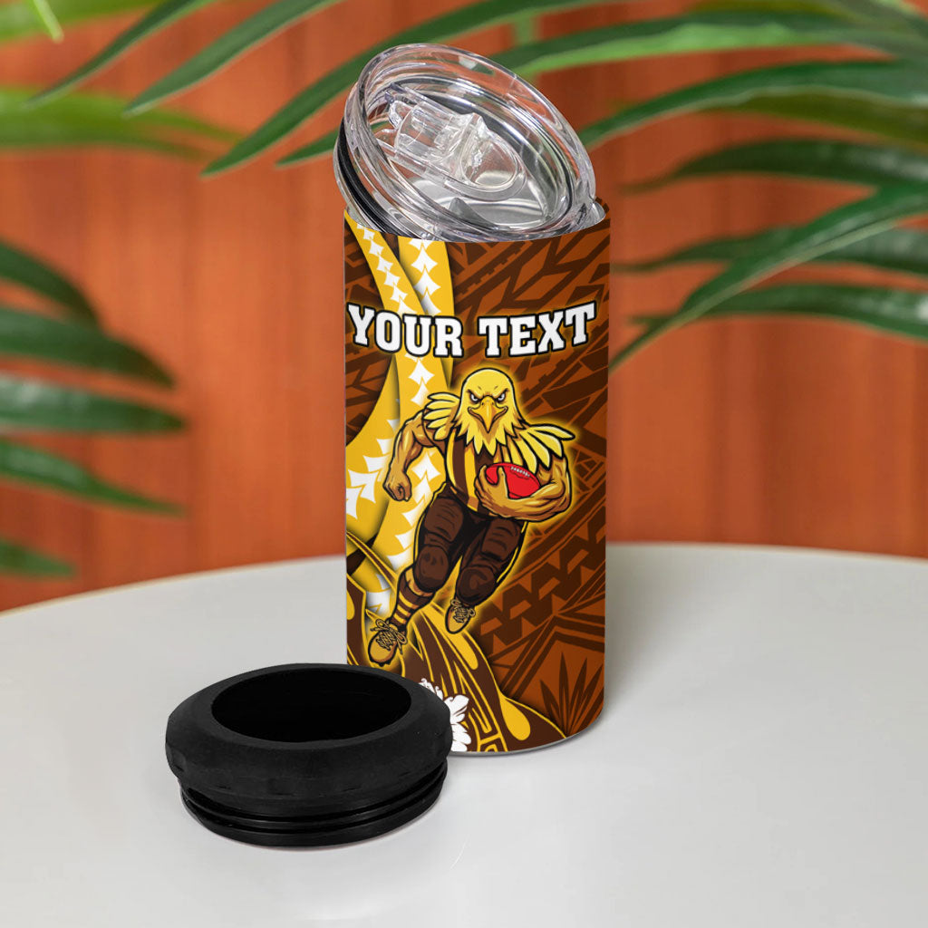 Personalized Hawthorn Hawks 4 in 1 Can Cooler Tumbler Polynesian Tribal Hawk Mascot With Hibiscus Flower Art