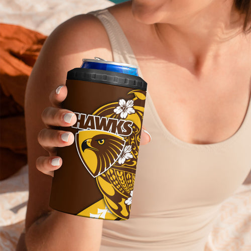 Personalized Hawthorn Hawks 4 in 1 Can Cooler Tumbler Polynesian Tribal Hawk Mascot With Hibiscus Flower Art