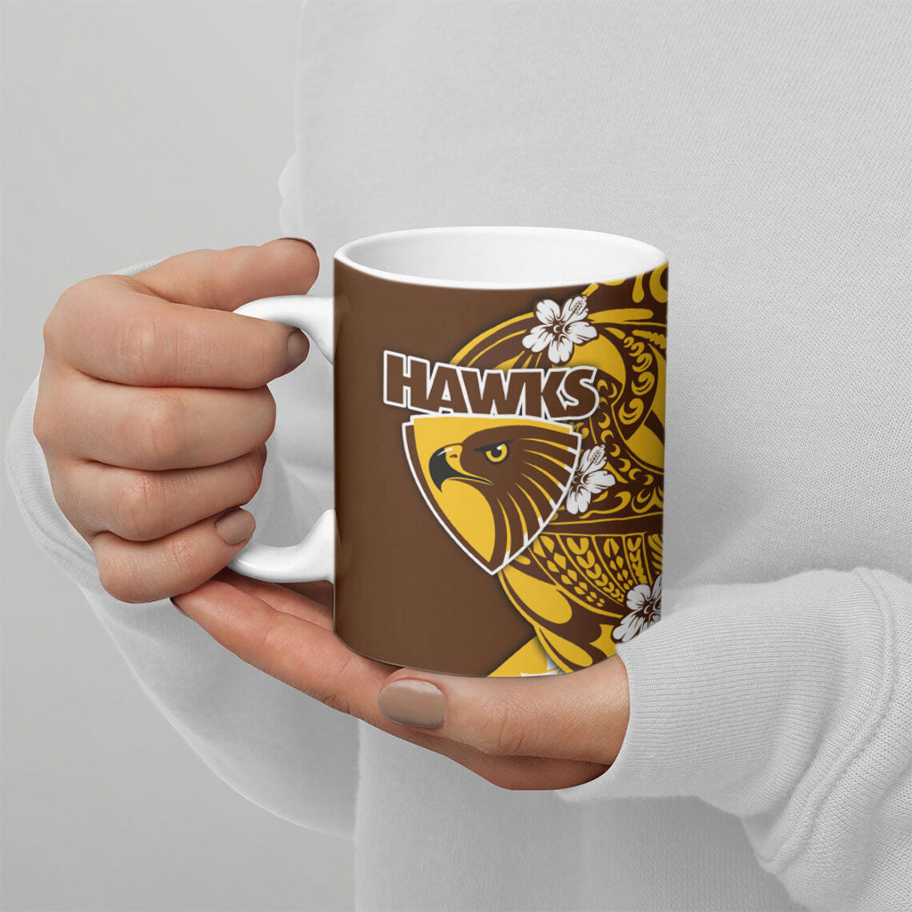 Personalized Hawthorn Hawks Ceramic Mug Polynesian Tribal Hawk Mascot With Hibiscus Flower Art