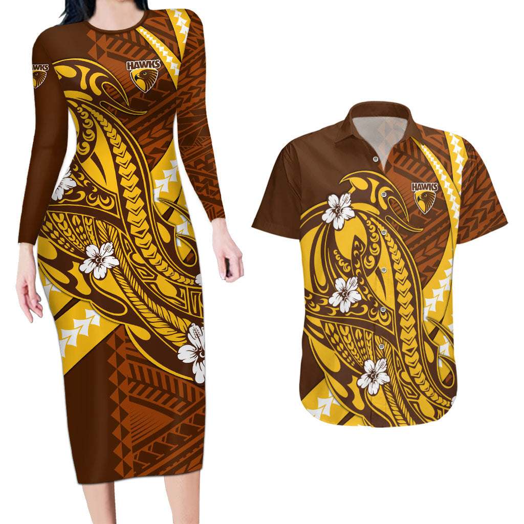 Personalized Hawthorn Hawks Couples Matching Long Sleeve Bodycon Dress and Hawaiian Shirt Polynesian Tribal Hawk Mascot With Hibiscus Flower Art