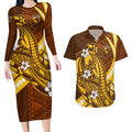 Personalized Hawthorn Hawks Couples Matching Long Sleeve Bodycon Dress and Hawaiian Shirt Polynesian Tribal Hawk Mascot With Hibiscus Flower Art