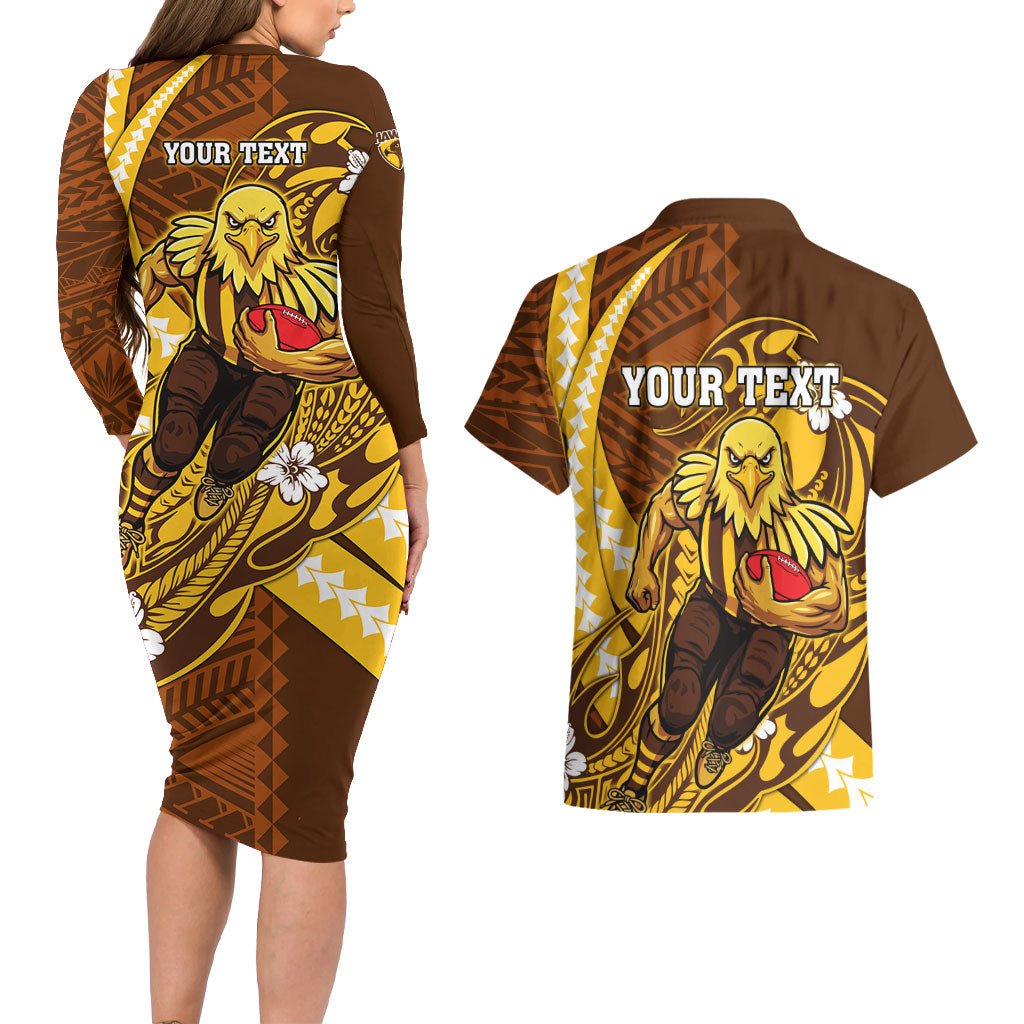 Personalized Hawthorn Hawks Couples Matching Long Sleeve Bodycon Dress and Hawaiian Shirt Polynesian Tribal Hawk Mascot With Hibiscus Flower Art