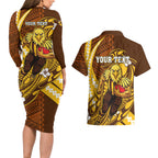 Personalized Hawthorn Hawks Couples Matching Long Sleeve Bodycon Dress and Hawaiian Shirt Polynesian Tribal Hawk Mascot With Hibiscus Flower Art