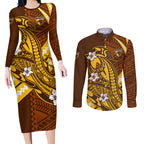 Personalized Hawthorn Hawks Couples Matching Long Sleeve Bodycon Dress and Long Sleeve Button Shirt Polynesian Tribal Hawk Mascot With Hibiscus Flower Art
