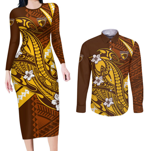 Personalized Hawthorn Hawks Couples Matching Long Sleeve Bodycon Dress and Long Sleeve Button Shirt Polynesian Tribal Hawk Mascot With Hibiscus Flower Art