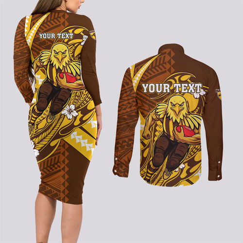 Personalized Hawthorn Hawks Couples Matching Long Sleeve Bodycon Dress and Long Sleeve Button Shirt Polynesian Tribal Hawk Mascot With Hibiscus Flower Art