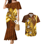 Personalized Hawthorn Hawks Couples Matching Mermaid Dress and Hawaiian Shirt Polynesian Tribal Hawk Mascot With Hibiscus Flower Art
