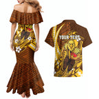 Personalized Hawthorn Hawks Couples Matching Mermaid Dress and Hawaiian Shirt Polynesian Tribal Hawk Mascot With Hibiscus Flower Art