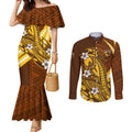 Personalized Hawthorn Hawks Couples Matching Mermaid Dress and Long Sleeve Button Shirt Polynesian Tribal Hawk Mascot With Hibiscus Flower Art