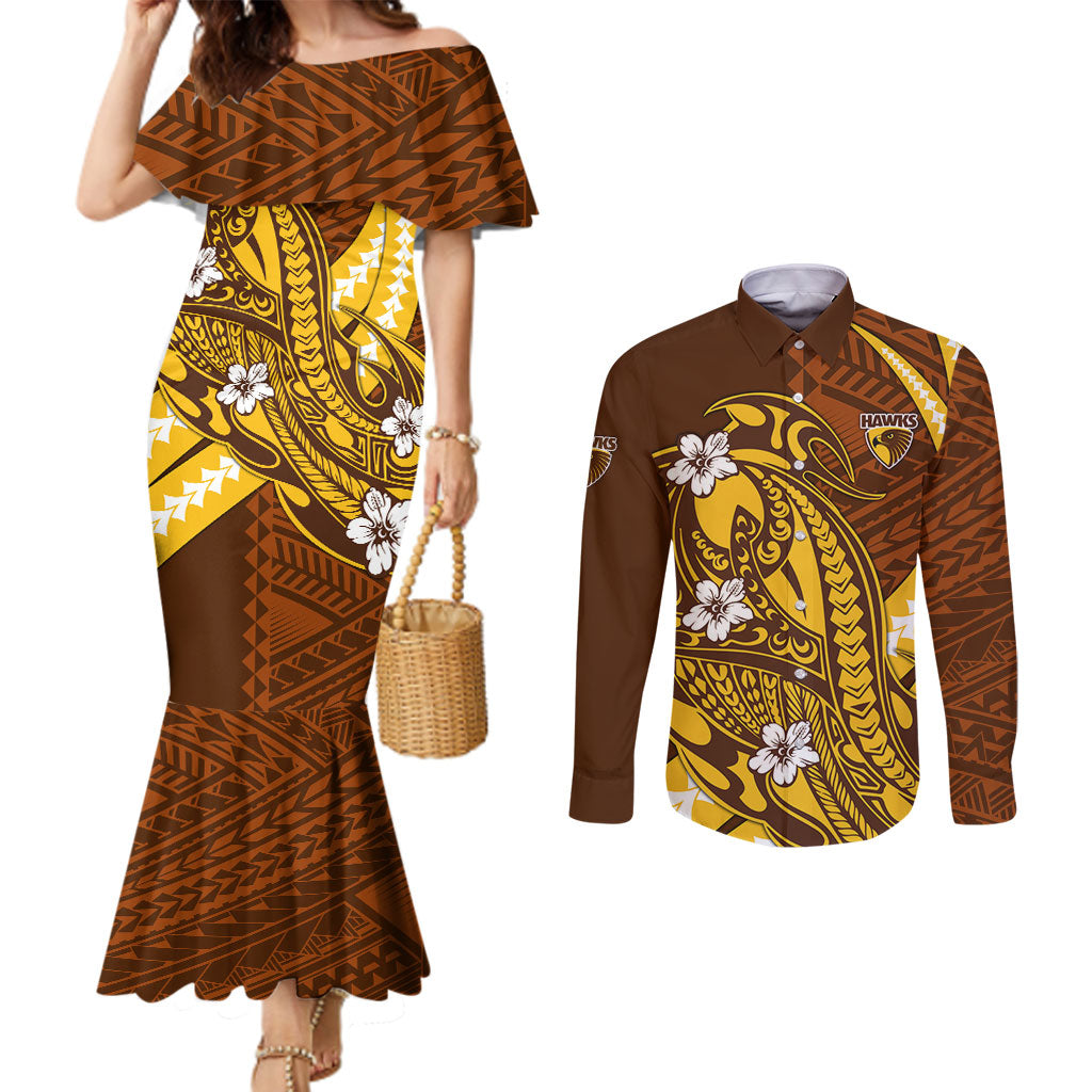 Personalized Hawthorn Hawks Couples Matching Mermaid Dress and Long Sleeve Button Shirt Polynesian Tribal Hawk Mascot With Hibiscus Flower Art
