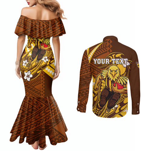 Personalized Hawthorn Hawks Couples Matching Mermaid Dress and Long Sleeve Button Shirt Polynesian Tribal Hawk Mascot With Hibiscus Flower Art