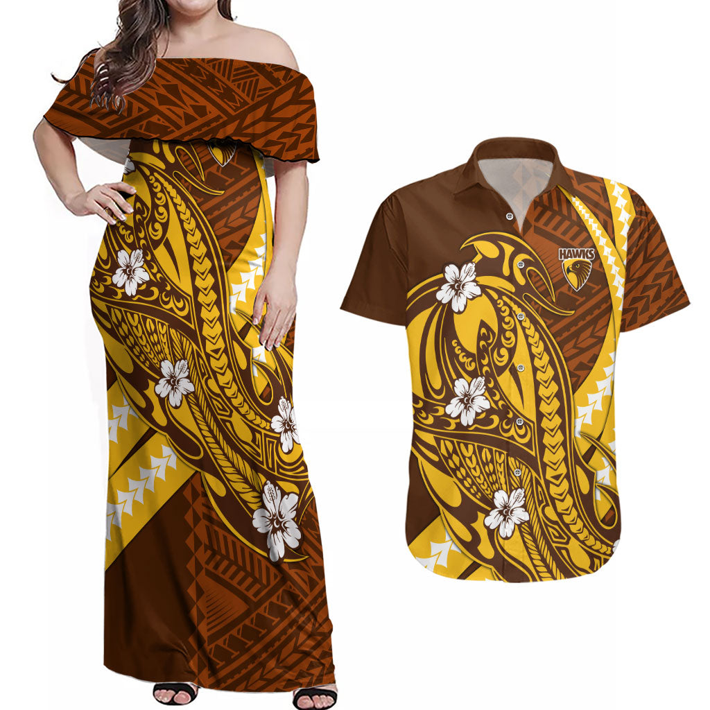 Personalized Hawthorn Hawks Couples Matching Off Shoulder Maxi Dress and Hawaiian Shirt Polynesian Tribal Hawk Mascot With Hibiscus Flower Art
