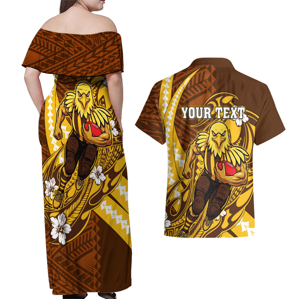 Personalized Hawthorn Hawks Couples Matching Off Shoulder Maxi Dress and Hawaiian Shirt Polynesian Tribal Hawk Mascot With Hibiscus Flower Art