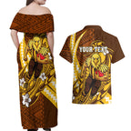 Personalized Hawthorn Hawks Couples Matching Off Shoulder Maxi Dress and Hawaiian Shirt Polynesian Tribal Hawk Mascot With Hibiscus Flower Art