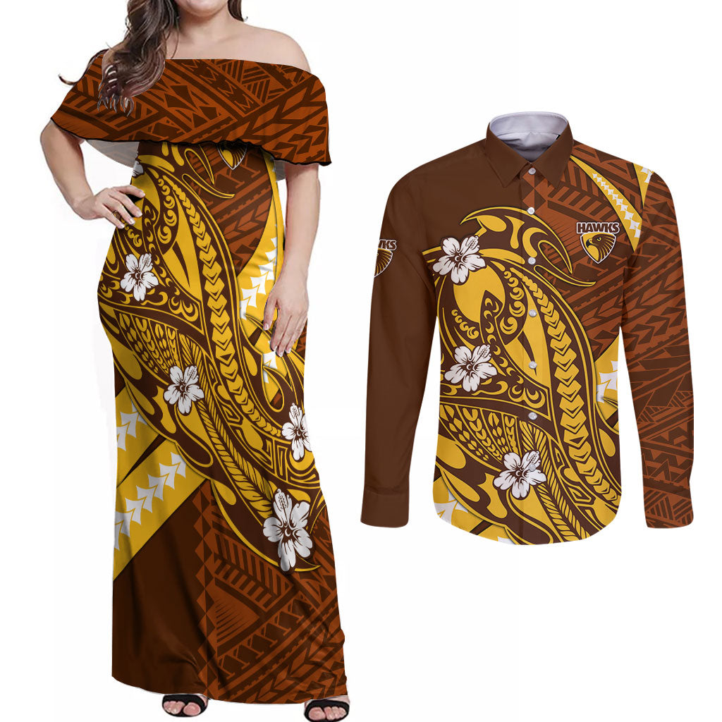 Personalized Hawthorn Hawks Couples Matching Off Shoulder Maxi Dress and Long Sleeve Button Shirt Polynesian Tribal Hawk Mascot With Hibiscus Flower Art