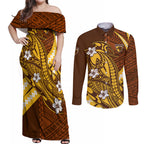 Personalized Hawthorn Hawks Couples Matching Off Shoulder Maxi Dress and Long Sleeve Button Shirt Polynesian Tribal Hawk Mascot With Hibiscus Flower Art