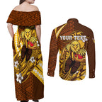Personalized Hawthorn Hawks Couples Matching Off Shoulder Maxi Dress and Long Sleeve Button Shirt Polynesian Tribal Hawk Mascot With Hibiscus Flower Art