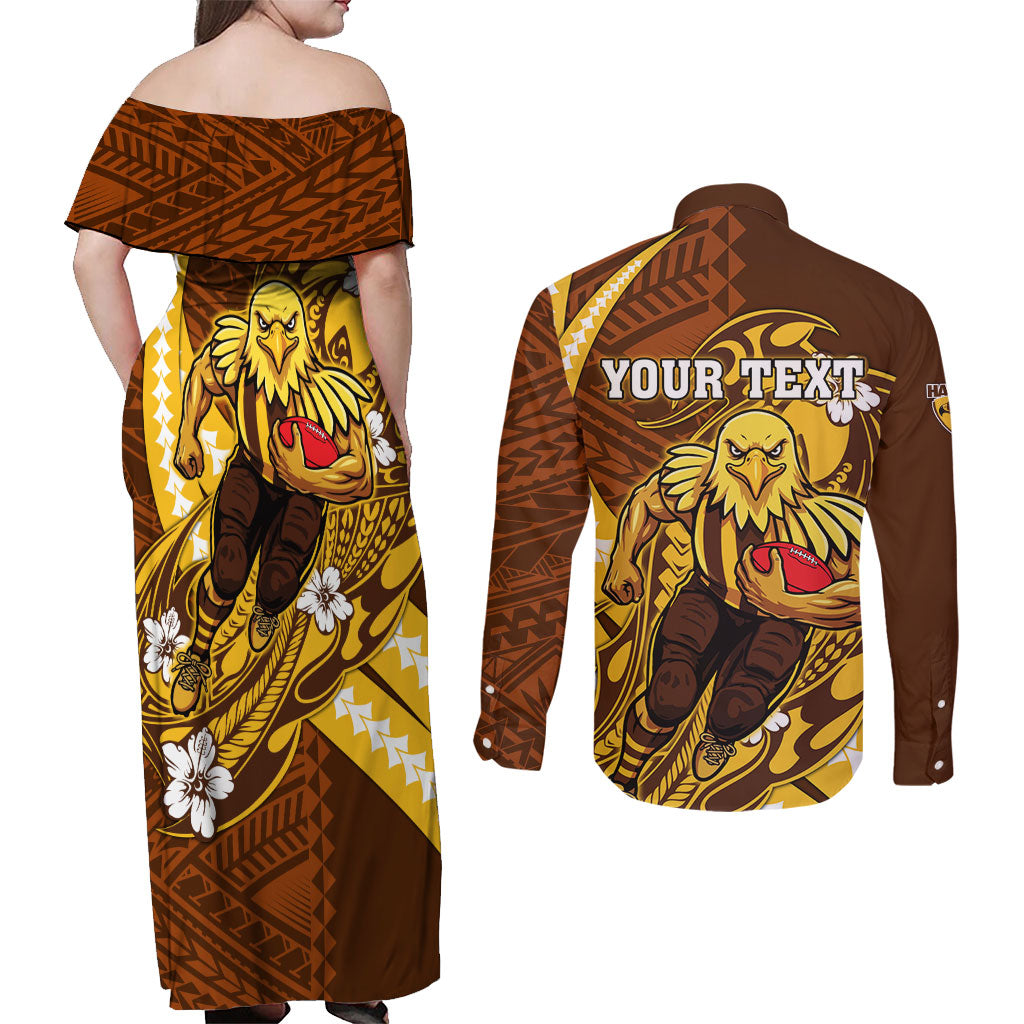 Personalized Hawthorn Hawks Couples Matching Off Shoulder Maxi Dress and Long Sleeve Button Shirt Polynesian Tribal Hawk Mascot With Hibiscus Flower Art