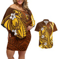 Personalized Hawthorn Hawks Couples Matching Off Shoulder Short Dress and Hawaiian Shirt Polynesian Tribal Hawk Mascot With Hibiscus Flower Art