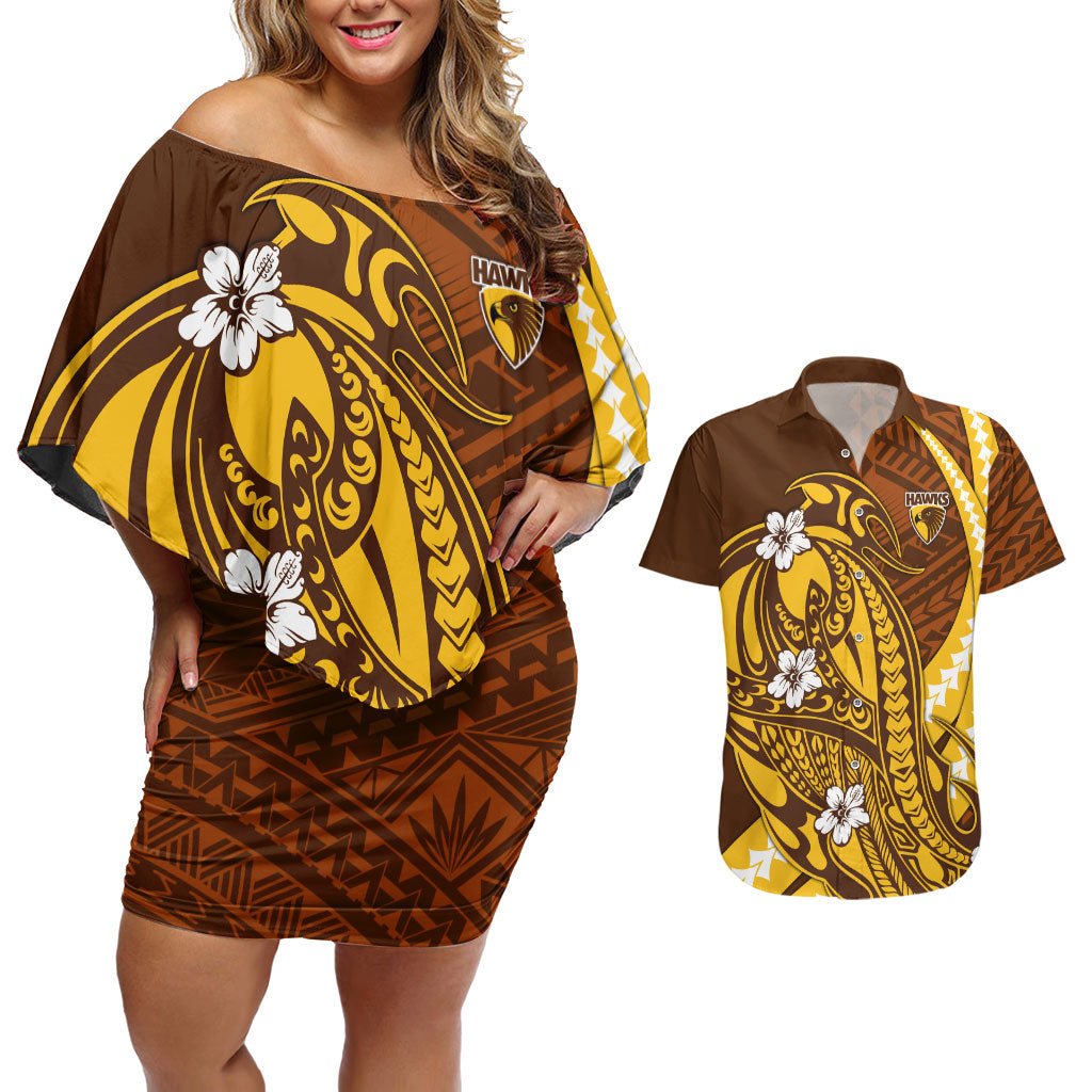 Personalized Hawthorn Hawks Couples Matching Off Shoulder Short Dress and Hawaiian Shirt Polynesian Tribal Hawk Mascot With Hibiscus Flower Art