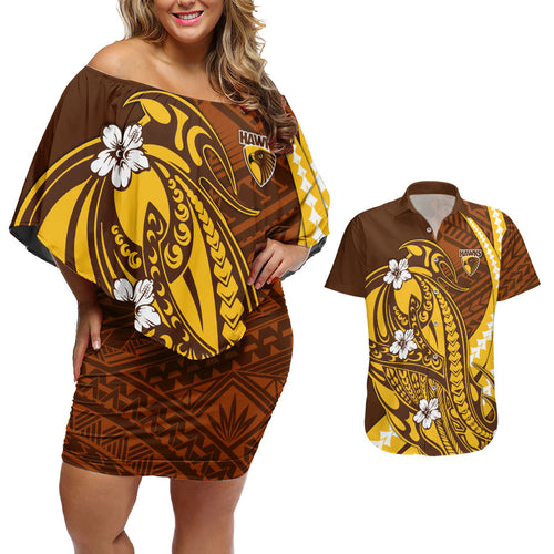 Personalized Hawthorn Hawks Couples Matching Off Shoulder Short Dress and Hawaiian Shirt Polynesian Tribal Hawk Mascot With Hibiscus Flower Art