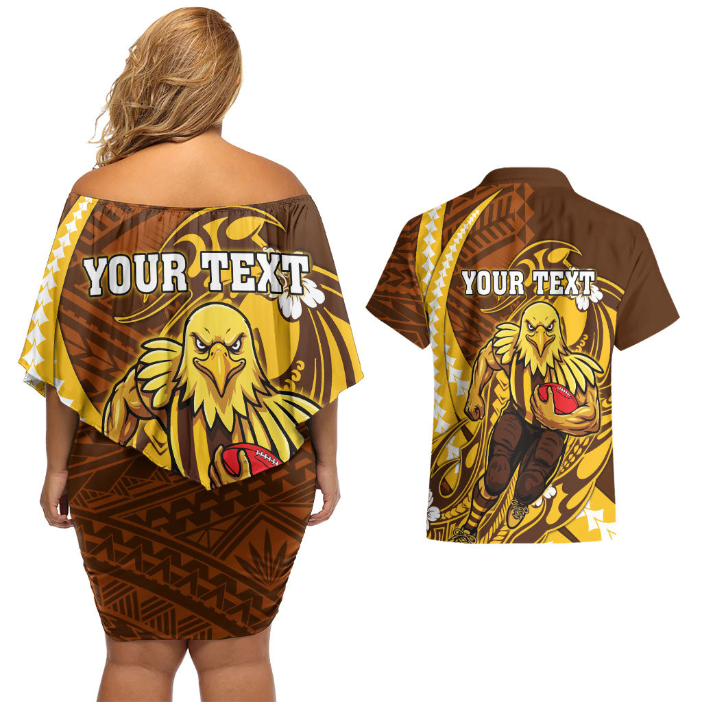Personalized Hawthorn Hawks Couples Matching Off Shoulder Short Dress and Hawaiian Shirt Polynesian Tribal Hawk Mascot With Hibiscus Flower Art