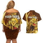 Personalized Hawthorn Hawks Couples Matching Off Shoulder Short Dress and Hawaiian Shirt Polynesian Tribal Hawk Mascot With Hibiscus Flower Art