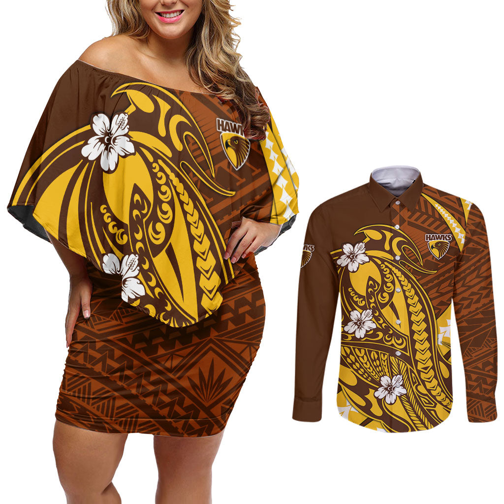 Personalized Hawthorn Hawks Couples Matching Off Shoulder Short Dress and Long Sleeve Button Shirt Polynesian Tribal Hawk Mascot With Hibiscus Flower Art