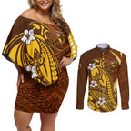 Personalized Hawthorn Hawks Couples Matching Off Shoulder Short Dress and Long Sleeve Button Shirt Polynesian Tribal Hawk Mascot With Hibiscus Flower Art