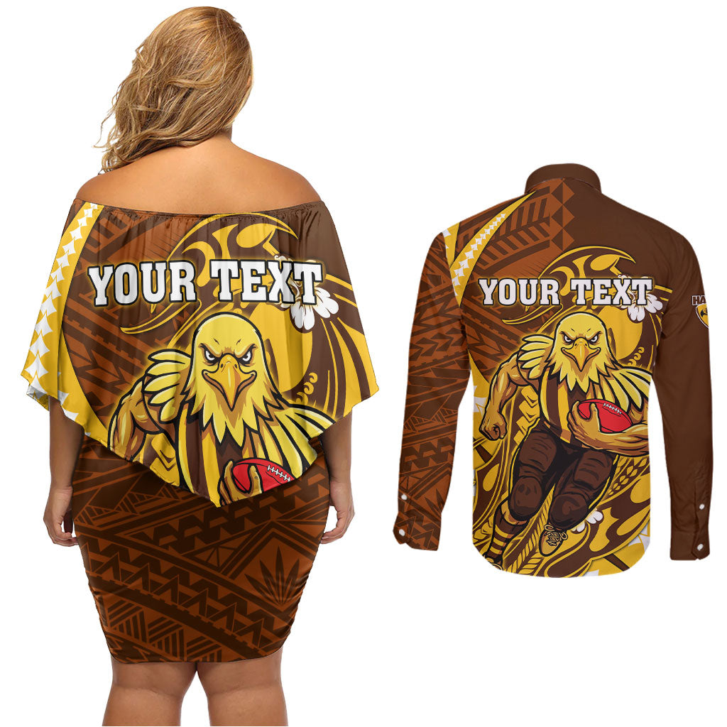 Personalized Hawthorn Hawks Couples Matching Off Shoulder Short Dress and Long Sleeve Button Shirt Polynesian Tribal Hawk Mascot With Hibiscus Flower Art