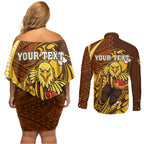 Personalized Hawthorn Hawks Couples Matching Off Shoulder Short Dress and Long Sleeve Button Shirt Polynesian Tribal Hawk Mascot With Hibiscus Flower Art