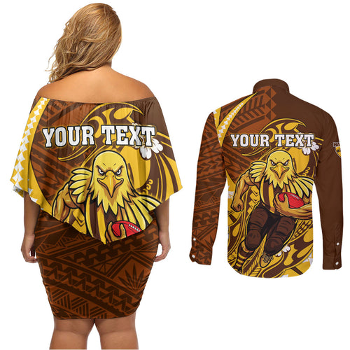 Personalized Hawthorn Hawks Couples Matching Off Shoulder Short Dress and Long Sleeve Button Shirt Polynesian Tribal Hawk Mascot With Hibiscus Flower Art
