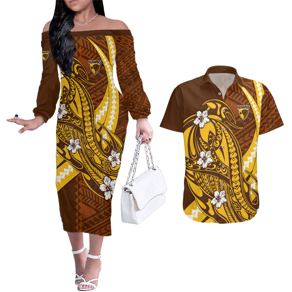 Personalized Hawthorn Hawks Couples Matching Off The Shoulder Long Sleeve Dress and Hawaiian Shirt Polynesian Tribal Hawk Mascot With Hibiscus Flower Art